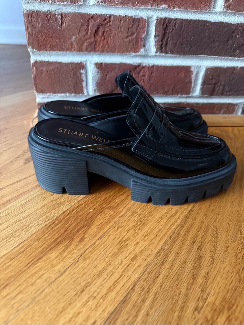 Stuart Weitzman Black Patent Platform Lug Mules